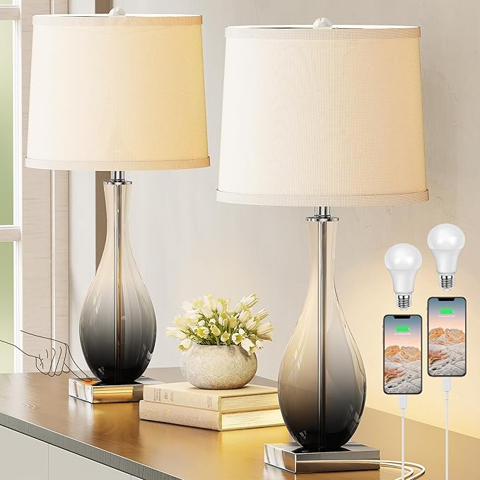 Table Lamps Set of 2 with Touch Control, 3-Way Dimmable Modern Glass table lamp for Living Room with USB C and A Charging Ports， 27" Bedside Desk Lamps for Nightstand Decorations(LED Bulbs Included) - Bloomnest