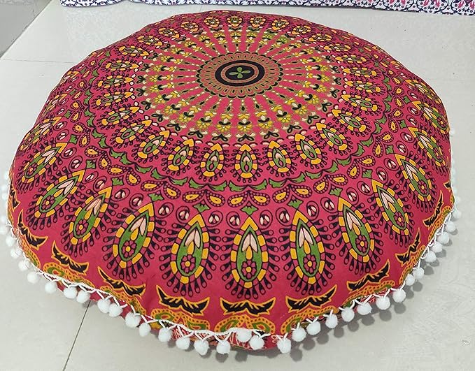 INDIAN CRAFT CASTLE 24" Red Peacock Mandala Barmeri Large Floor Pillow Cover Cushion Meditation Seating Ottoman Throw Cover Hippie Decorative Zipped Bohemian Pouf Ottoman Pom Pom Cases 24" Round - Bloomnest
