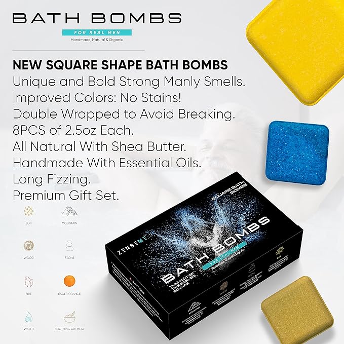 Bath Bombs for Men - Gift Set of 8 Scented Organic Handmade Natural Bath Bombs of 2.5 oz w/Natural Essential Oils, Unique Extra Strength Manly Scents, for Boyfriend, Husband, Father - Square Shape - Bloomnest