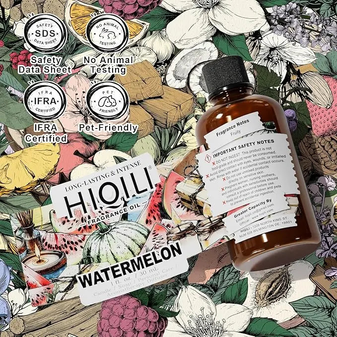 HIQILI Watermelon Fragrance Oil for Candle & Soap Making, DIY Fruity Perfume, Bath Bombs, Long-Lasting Diffuser Oil, Skin Care - 1 Fl Oz HIQILI