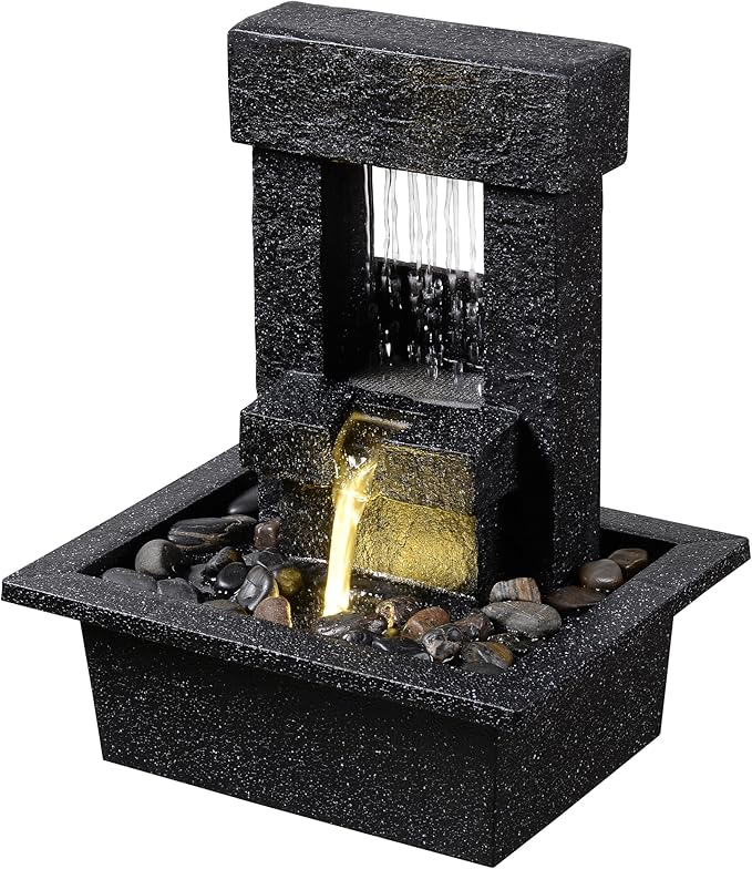 Indoor Tabletop Water Fountain with LED Light – Modern Black Desk Waterfall Feature with Soothing Sounds and River Rocks, Relaxation Zen Decor for Home Office Bedroom - Bloomnest