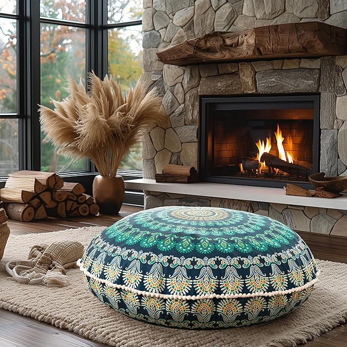 Codi Meditation Floor Pillow Set of 2, Round Large Pillows Seating for Adults, Bohemian Mandala Circle Cushions for Outdoor Fireplace Yoga Living Room, 32 Inch, Memory Foam Added, Green - Bloomnest