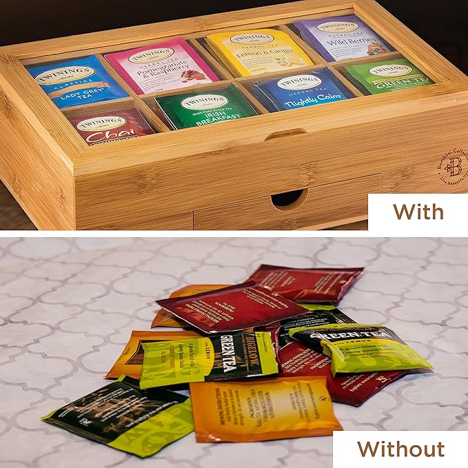 Bambüsi Tea Box Organizer with Drawer - 8 Compartment Bamboo Wooden Tea Storage Chest with Acrylic Window & Magnetic Lid - Tea Accessories & Gift Set for Women, Birthdays, House Warming Gifts New Home - Bloomnest