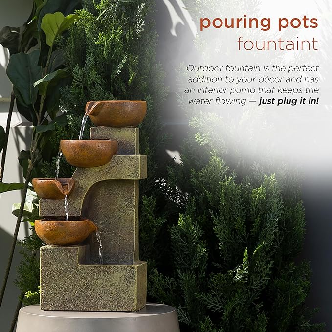Alpine Corporation WCT726 Indoor/Outdoor Tabletop Tiered Pouring Pots Waterfall Fountain with Natural Stone Look, 16", Brown - Bloomnest