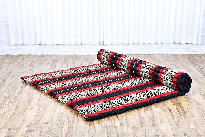 Leewadee - Foldable Floor Mattress - Japanese Roll Up Futon -Trifold Tatami Mat- Guest Floor Bed - Camping Mattress - Thai Massage Mat, Kapok Filled, 75 x 57 inches, Black Red - Bloomnest