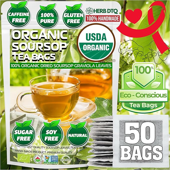 USDA Organic Soursop Leaves Tea Bags, 100% ORGANIC and Pure Soursop Graviola Leaves - Hojas De Guanabana Tea - Non-GMO - Caffeine-free - Improve Digestion, Support Healthy Skin & Sleep, Eco-Conscious Corn Fiber Tea Bags. Organic Graviola Tea - Bloomnest