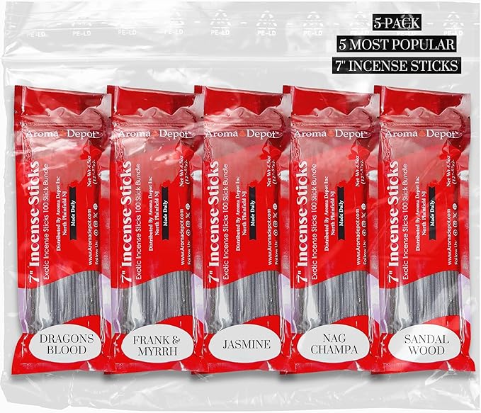 Aroma Depot 5 Most Popular 7'' Incense Sticks - Variety Set 500 Pack - 7 Inch Long - 5 Bundles of 85-100 Sticks Per Bundle. Dragon's Blood - Frank & Myrrh - Nag Champa - Jasmine - Sandalwood.