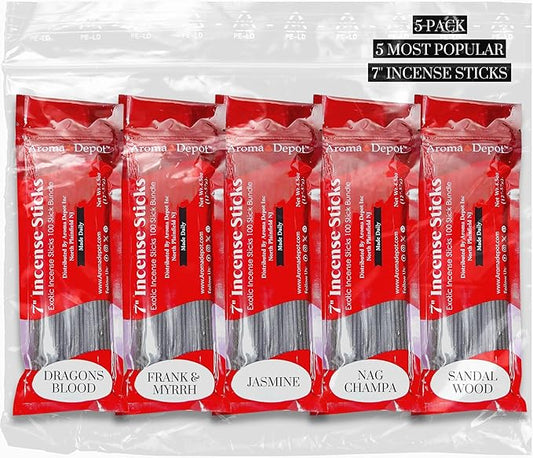 Aroma Depot 5 Most Popular 7'' Incense Sticks - Variety Set 500 Pack - 7 Inch Long - 5 Bundles of 85-100 Sticks Per Bundle. Dragon's Blood - Frank & Myrrh - Nag Champa - Jasmine - Sandalwood.