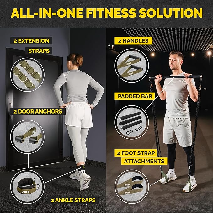 Tube Resistance Bands for Working Out Men and Women - Exercise Bands Resistance Bands Set, Resistance Band Bar, Handles, Ankle Straps, Foot Straps and Door Anchor - Bloomnest