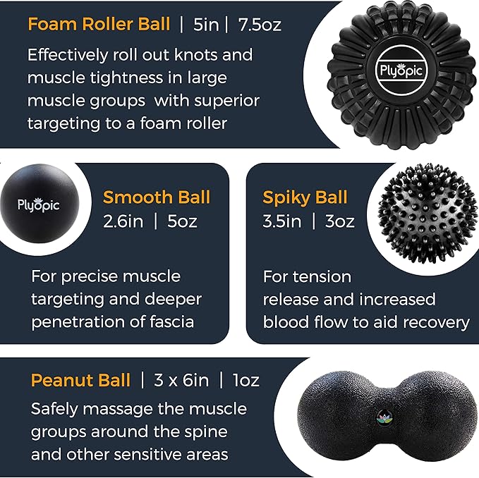 Plyopic Deep Tissue Massage Ball Set – Set of 4: Lacrosse, Spiky, Peanut and 5” Foam Roller Massager Balls for Muscle Massage, Mobility, Trigger Points and Myofascial Release
