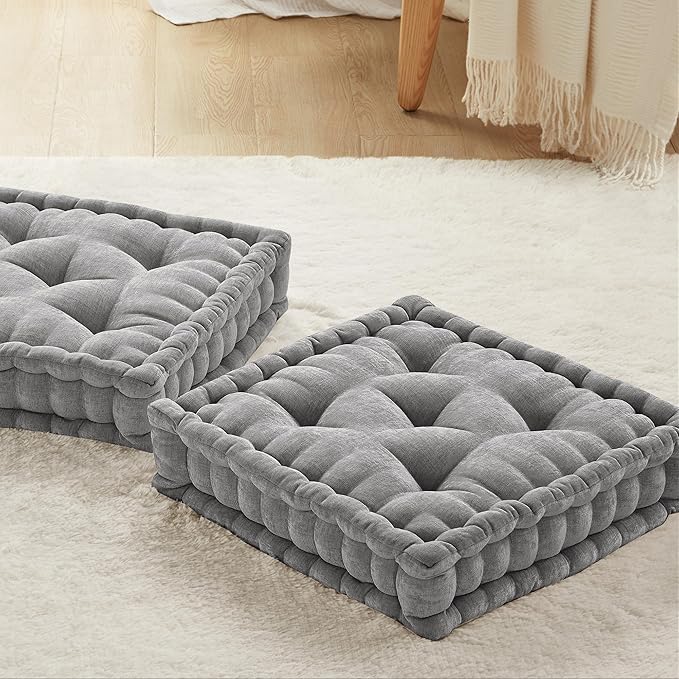 Codi INNA Floor Cushions for Adults Set of 2, Cute Pillows Seating for Meditation, Square Tufted Cushion, Living Room, Fireplace, Reading Nook, 20x20, Charcoal 2 Pack
