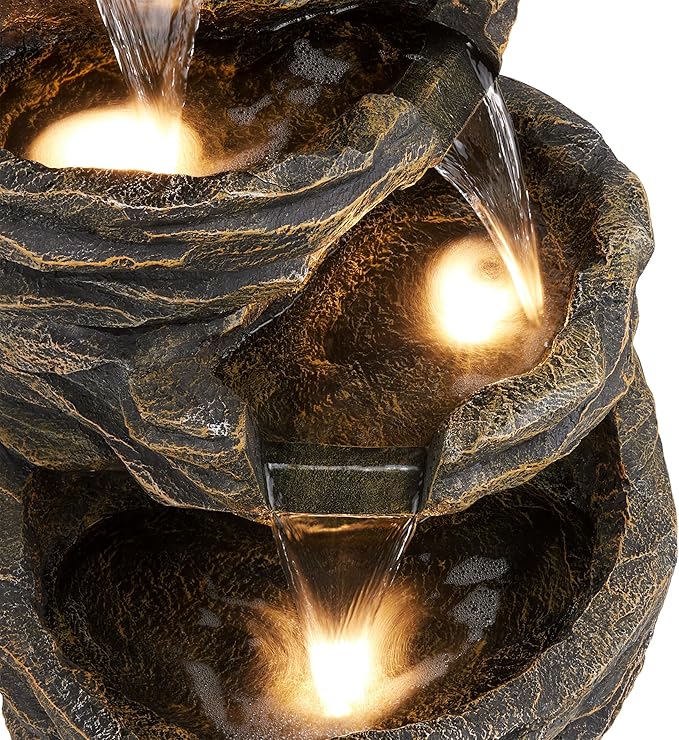 Alpine Corporation GIL110 Outdoor 5 Tiered Natural Look Rock Water Floor Fountain with Replaceable Lights,39" H, Brown - Bloomnest