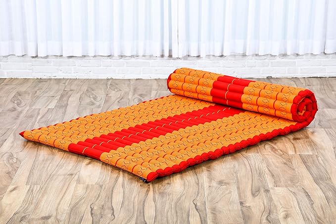 Leewadee - Kapok Roll Mat – Handcrafted Folding Sleep & Relaxation Mattress from Thailand, Ideal as Guest Bed, Camping Mat, Yoga Mat or Traditional Futon, 75 x 39 inches, Orange Red - Bloomnest