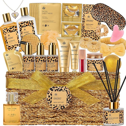 35 Pcs Valentines Day Gifts for Women, Honey & Almond Bath & Body Gift Basket, Face Skin Care Kit, Home Spa Gift Set, Self-Care Kit, Necklace, Birthday, Christmas, Mother Day, Anniversary