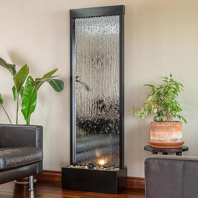 Alpine Corporation Mirror Waterfall Fountain with Stones and Lights - Zen Indoor/Outdoor Decor for Office, Living Room, Patio, Entryway - 72 Inches - Bloomnest