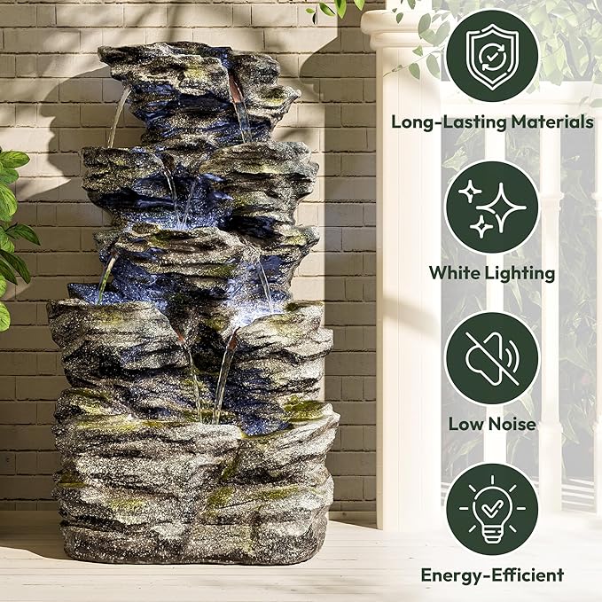 34.3" H Outdoor Water Fountain with LED Lights, 5-Tier Cascading Rock Waterfall for Yard, Garden, Patio, Outdoor Decor Water Features - Bloomnest