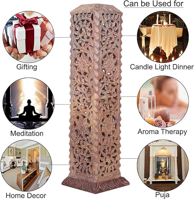 Carry Me Handmade Marble Soapstone Incense Stick Burner | Candle Stick Holder | Tea Light Stand - Floral Carving for Gifting. Decorative Incense Tower for Home and Office Decor. (3x3x11 Inches) - Bloomnest