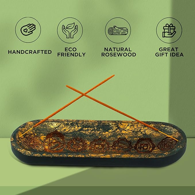 Hand Carved Incense Holder-Incense Burner/Ash Catcher/Handmade Wooden Insence Tray – Modern Gift Home/Room/Seven Chakra Blue Gold Kitchen Décor Size 11x4x1.5 Inches - Bloomnest