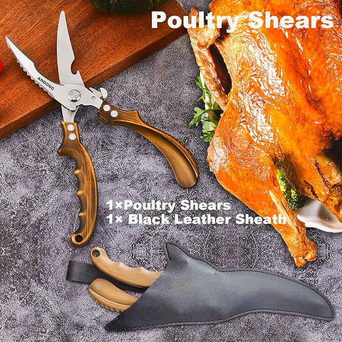 ANDONG Kitchen Shears - Heavy Duty Stainless Steel Poultry, Meat & Bone Scissors with Black Leather Sheath for Food - Bloomnest