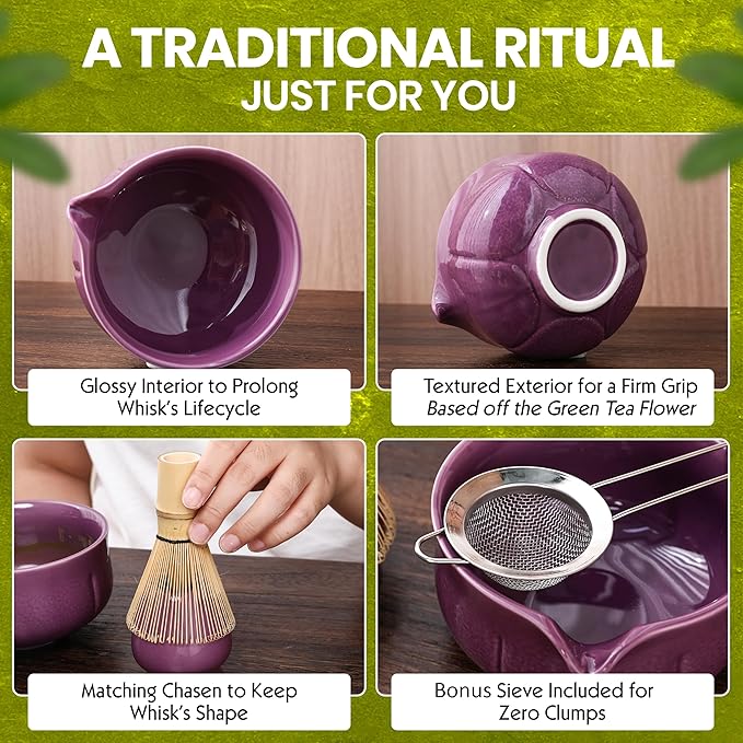 Matcha Whisk Set – 5 Piece Japanese Matcha Tea Set w/Ceramic Matcha Bowl, 100-Prong Bamboo Whisk & Holder, Scoop, & Stainless Sifter – Traditional Matcha Making Kit (Midnight Purple) - Bloomnest