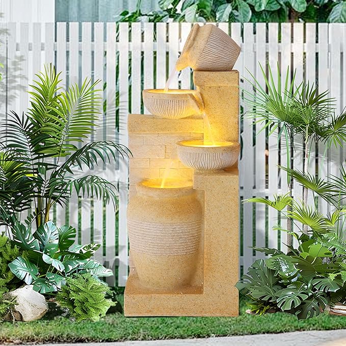 Grepatio Outdoor 4-Tiers Water Fountain, Garden Cascading Waterfalls Fountain with LED Lights, 32"H Modern Indoor/Outdoor Bowl Waterfall Feature Water Fountains for Garden, Patio, Yard Decor (Yellow) - Bloomnest