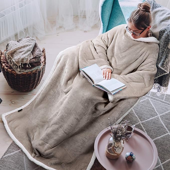 Tirrinia Sherpa Wearable Blanket With Sleeves, Full Body Throw Reading Wrap TV Blankets - Bloomnest