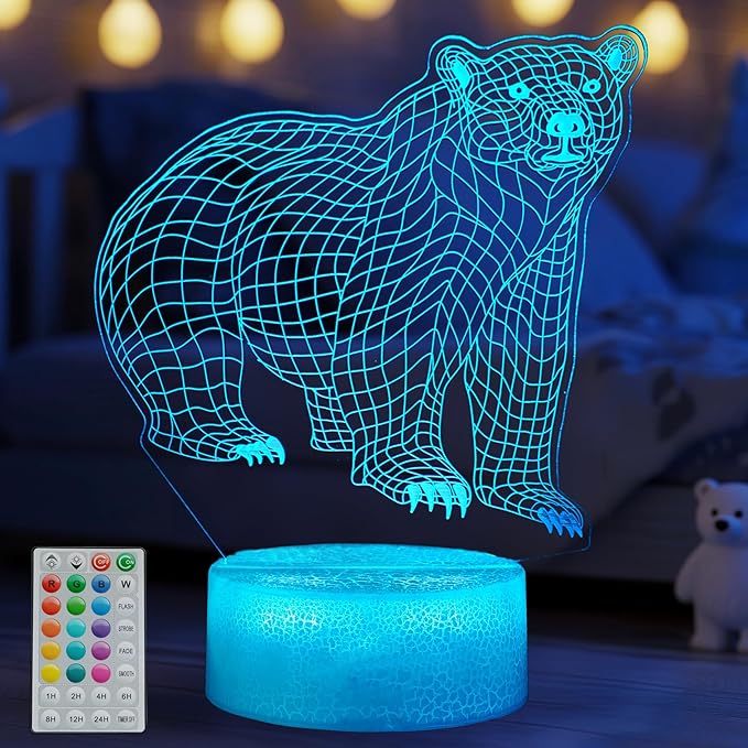 Polar Bear Night Light, 3D Illusion Lamp, RGB16 Colors Changing, Remote Control, Dimmable, Kids Room Decoration, Xmas Bear Gifts - Bloomnest