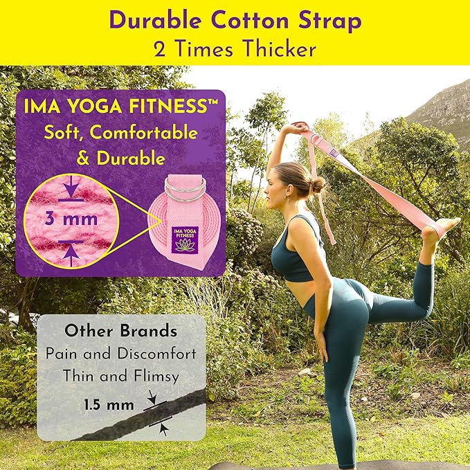 Adaptive Yoga Strap, Stretching Strap, 2 Inches Wide, 100% Naturally Soft Cotton, Steel D-Rings, Includes Natural Cotton Drawstring Storage Pouch and Instructional E-Book - Bloomnest
