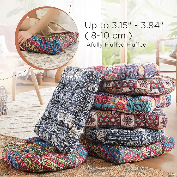 Codi Floor Pillow for Kids, Square Large Pillows Seating for Adults, Bohemian Big Cushions for Yoga Room Tatami Sitting, Memory Foam Added, 22x22 Inch, Multi Blaidiere, Set of 2 - Bloomnest