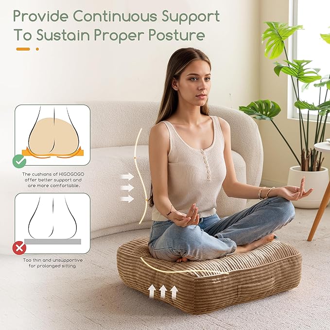 6" Washable Floor Pillow Cushion for Adults, Meditation Cushion Pillow, Large Square Floor Sitting, Removable Tufted Corduroy Cover, for Tatami Living Room or Yoga, 22x22 Inch, Machine Washable - Bloomnest