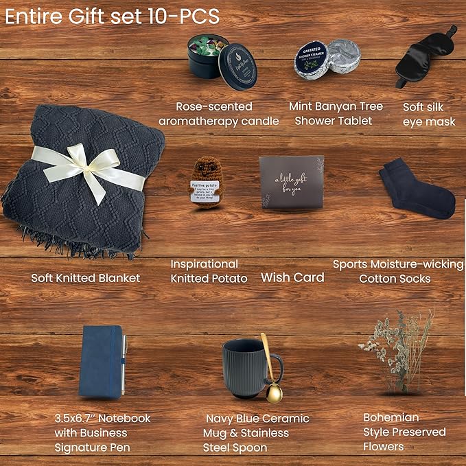 Get Well Soon Gift Baskets for Men&Women- Self Care Package/Brithday - After Surgery, Sympathy Gifts for Loss of Loved One, Thinking of You/ Grief /Bereavement /Miscarriage Gifts (Grey & Navy Blue) - Bloomnest