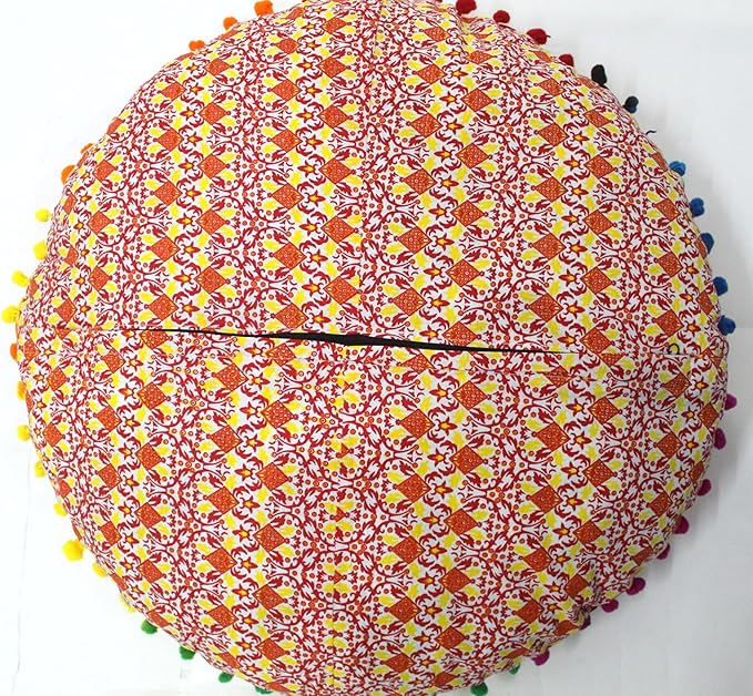 CRAFT KALA Boho Large Floor Pillow Pouf Cover Mandala Meditation Room Pillow Cover for Adults Round Bohemian Seating Pouf Cushion Cover for Kids Playroom 22" Yellow Orange Ombre - Bloomnest