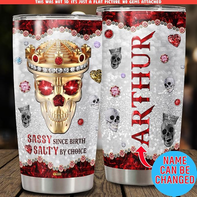 WAZONE Personalized Jewelry Crown Skull Tumbler With Lid Custom Name Sassy Since Birth Salty By Choice Insulated Stainless Steel 20oz 30oz TravelHalloween Themed Gift For Women Men - Bloomnest