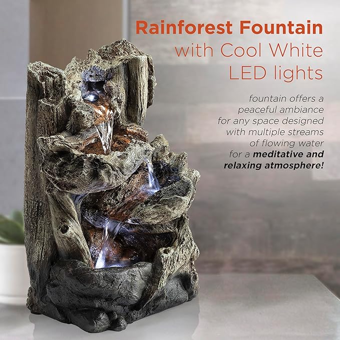Alpine Corporation | 14"H Indoor Tiered Log Tabletop Fountain with LED Lights — Cascading Waterfall Design Creates Relaxing Ambiance for Home & Office Décor - Bloomnest