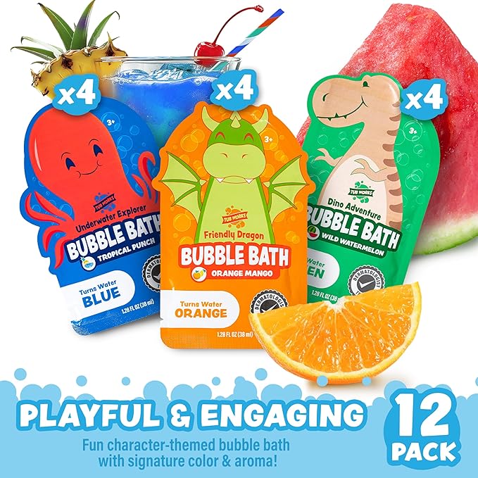 Tub Works® Magical Kids Bubble Bath, Variety 12 Pack | Creates Colorful Water & Tons of Bath Bubbles | Nontoxic | Character-Themed Bubble Bath for Kids | Green, Blue & Orange Bath Colors - Bloomnest