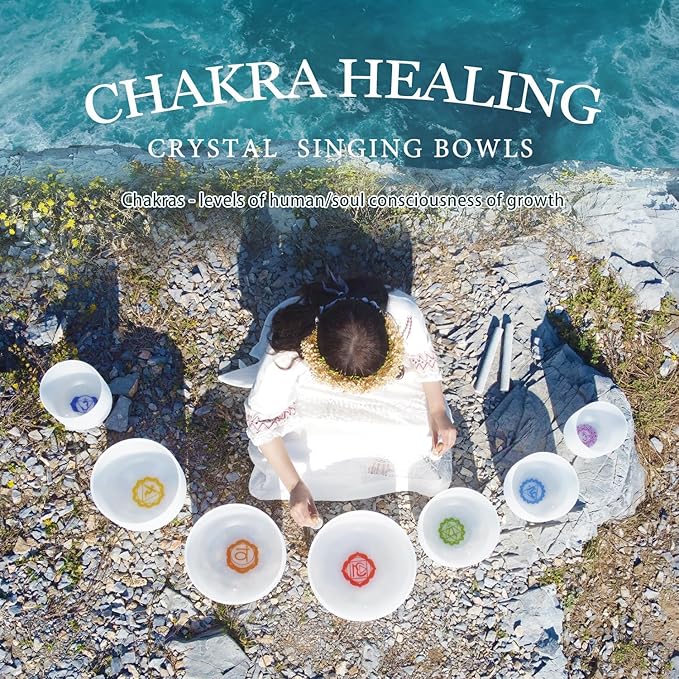 440HZ 6"-12" Set of 7 Paternoster Frosted Quartz Crystal Singing Bowl Set for Chakra Sound Healing Meditation with 2 pcs Carrying Case - Bloomnest