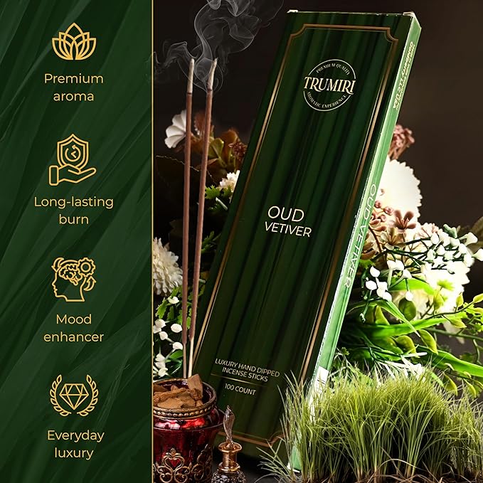 Oud Vetiver Incense Sticks - Pack of 100 Inscents-Sticks - Inciensos Aromaticos - Made with Natural Ingredients - Scented Insence Non Toxic Insense Incents