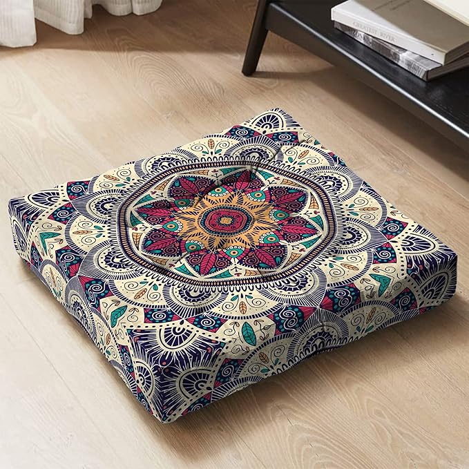 Mandala Meditation Cushion, Boho Meditation Mat, Meditation Pillows for Sitting on Floor, Cushions for Sitting in Home and Outdoor, Square Floor Pillows Cushion Seating for Yoga 22'' x 22'' - Bloomnest