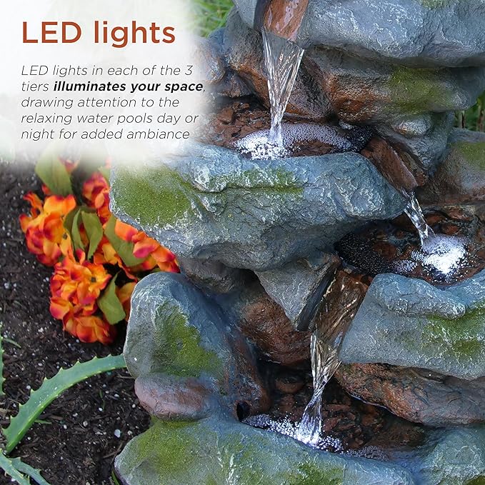 Alpine Corporation | 22"H Outdoor 3-Tier Rock Waterfall Fountain with LED Lights — Natural Stone Look for Garden, Patio, Yard & Porch Décor (Gray) - Bloomnest