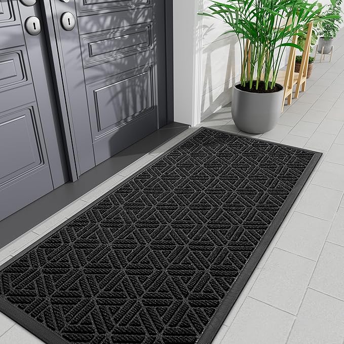 Smiry Front Door Mat Outside Entrance, Heavy Duty Sturdy Natural Rubber Doormat, Trap Dirt and Moisture, Easy Clean Low Profile Mats for Indoor Outdoor Entry, Grid Geometric (71x24, Black) - Bloomnest