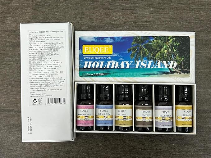 EUQEE Summer Fragrance Oil Gift Set of 6，Holiday Island Essential Oils Set for Humidifier, Aromarathepy-Pineapple, Coconut, Sea Breeze, Bubble Gum, Bay Rum, Marshmallow(10ml) EUQEE