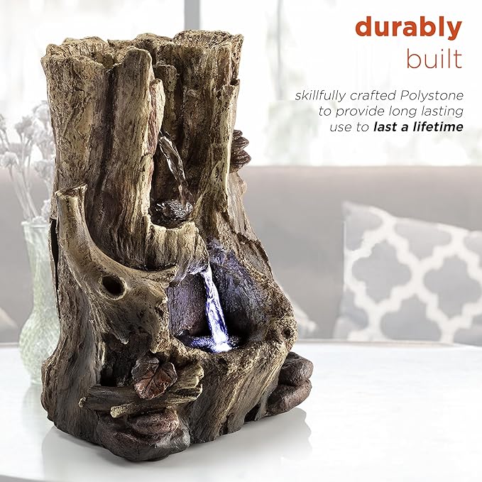 Alpine Corporation WIN326 Indoor Tabletop Light-Up Tiered Rainforest Tree Trunk Water Fountain with LED Lights, 11", Brown - Bloomnest