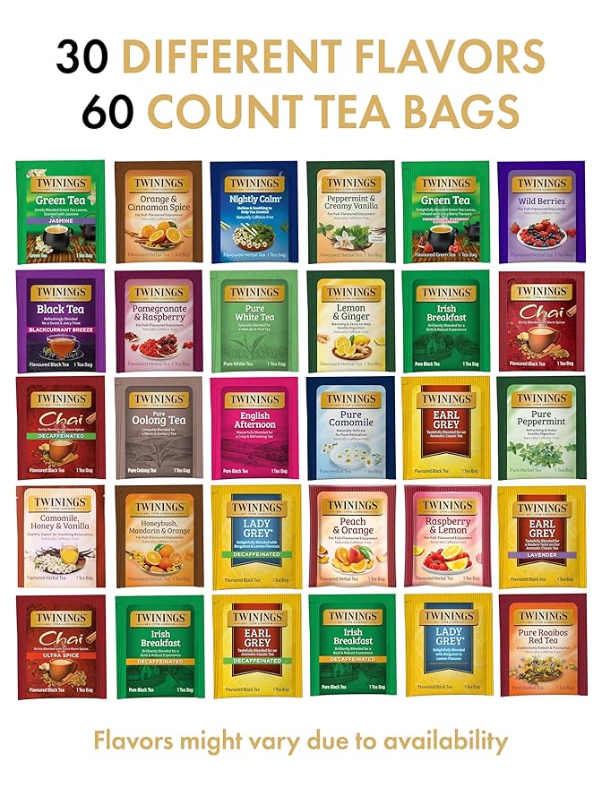 Twinings Tea Bags Sampler Assortment Variety Pack (60 Count) 30 Different Flavors for Tea Lovers: Her, Him, Women, Men, Couples, Family, Friends, Coworkers - Bloomnest