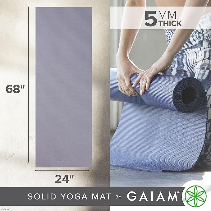 Gaiam Yoga Mat - Premium 5mm Solid Thick Non Slip Exercise & Fitness Mat for All Types of Yoga, Pilates & Floor Workouts (68" x 24" x 5mm) - Bloomnest