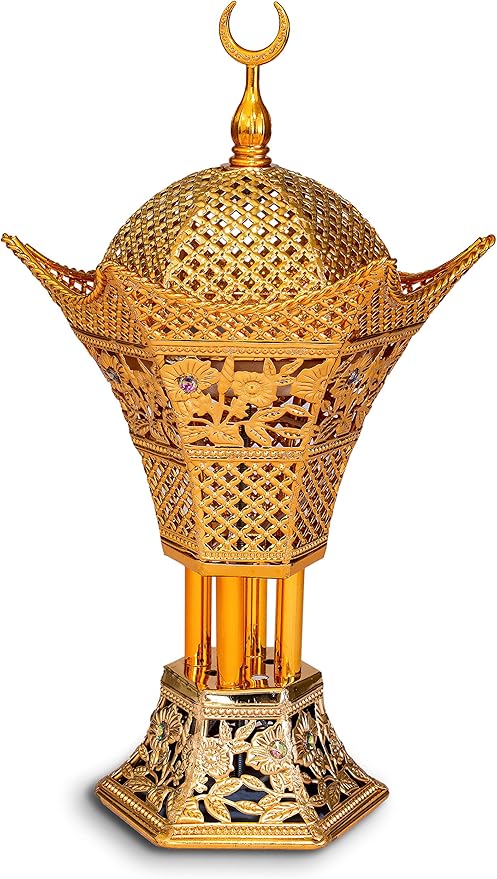 AM Bakhoor Charcoal Incense Burner – Luxury Gold Frankincense Resin Burner for Oud, Bakhoor, Incense Sticks & Cones – Decorative Metal Holder with Removable Lid & Safe Flame Control (Gold) - Bloomnest