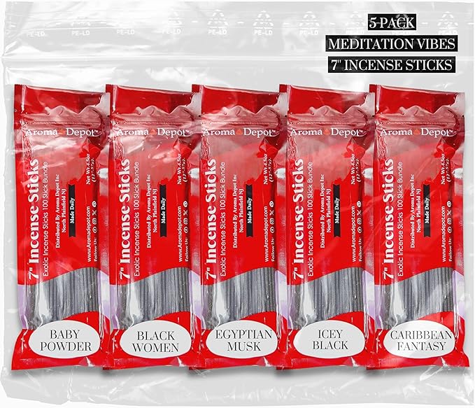 Aroma Depot Meditation Vibes 7'' Incense Sticks - Variety Set 500 Pack - 7 inch - 5 Bundles 100 Sticks Per Scent. Set Features Baby Dust Type, Black Women, Caribbean Fantasy, Egyptian Musk, Icey Black