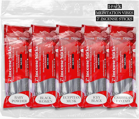 Aroma Depot Meditation Vibes 7'' Incense Sticks - Variety Set 500 Pack - 7 inch - 5 Bundles 100 Sticks Per Scent. Set Features Baby Dust Type, Black Women, Caribbean Fantasy, Egyptian Musk, Icey Black
