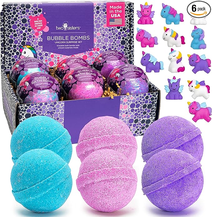 Unicorn Bath Bombs for Girls with Surprise Toys Inside (6 Pack) - Large Bubble Bomb for Kids, Gentle and Safe, Made in USA, Fizzies, Fruity Scents, Won't Stain Tub - Ideal Gift by Two Sisters - Bloomnest