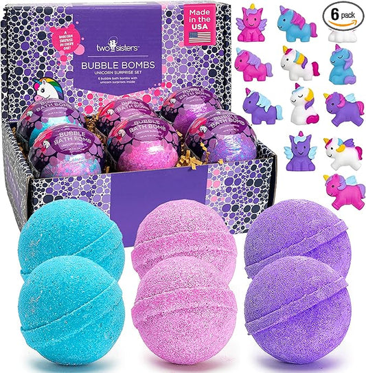 Unicorn Bath Bombs for Girls with Surprise Toys Inside (6 Pack) - Large Bubble Bomb for Kids, Gentle and Safe, Made in USA, Fizzies, Fruity Scents, Won't Stain Tub - Ideal Gift by Two Sisters - Bloomnest