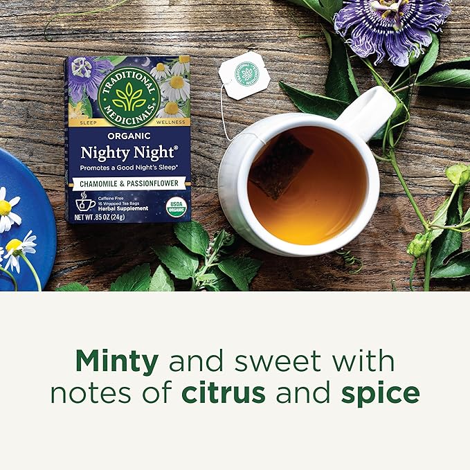Traditional Medicinals Organic, Nighty Night Tea, Chamomile & Passionflower - Herbal Sleep Aid Teas - Kosher, Non-GMO, Caffeine-Free, Compostable - 16 Tea Bags - Bloomnest